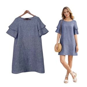 Lord & Taylor 100% Linen Dress Small Blue Chambray Ruffle Sleeve Shift